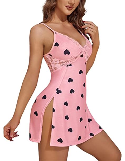 Avidlove Women Lingerie Lace Chemise Sexy Nightgown Modal Babydoll Side Slit Sleepwear Love Print