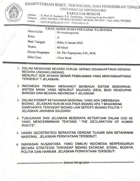 KUMPULAN SOAL UAS SEMESTER 1 TA 2015 2016 FAKULTAS HUKUM UNDIP