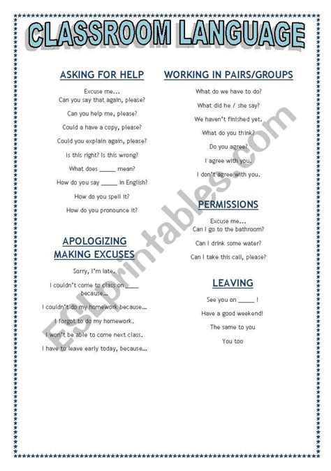 Classroom Language Esl Worksheet By Bruandujar