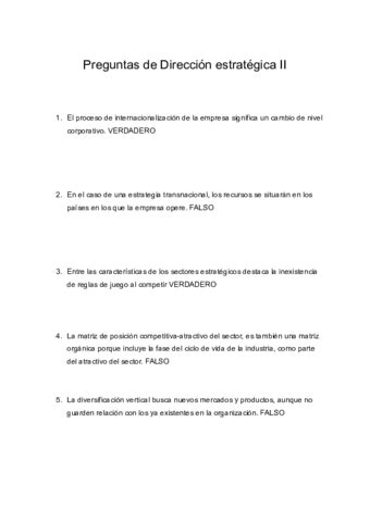 Preguntas De Direccion Estrategica II Pdf