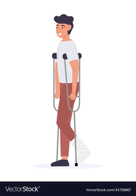 Man On Crutches With Broken Leg In Gypsum Vector Image