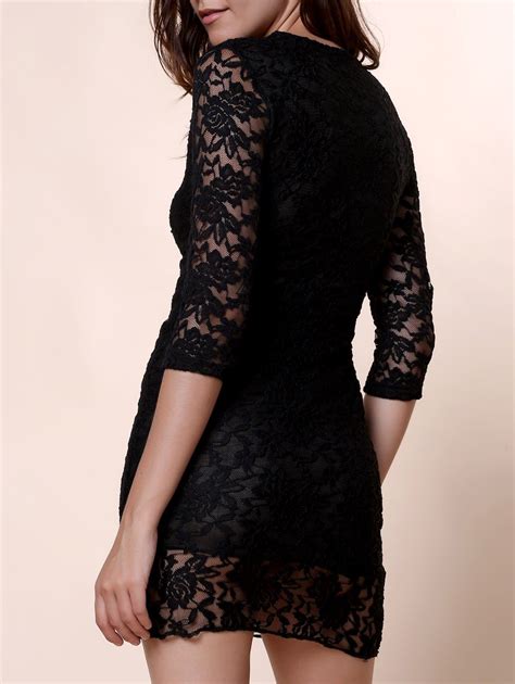 Sexy Plunging Neck 3 4 Sleeve Solid Color See Through Womens Lace