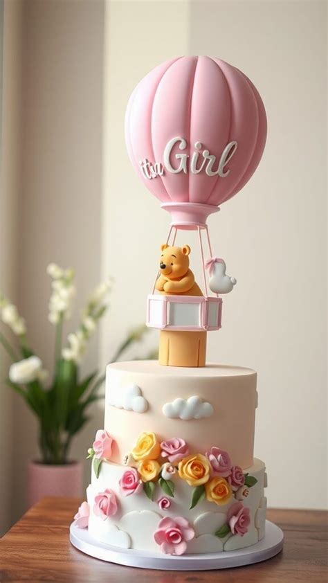Pastel Pooh Hot Air Balloon Cake In Unique Baby Shower Cakes Baby Shower Cake Designs