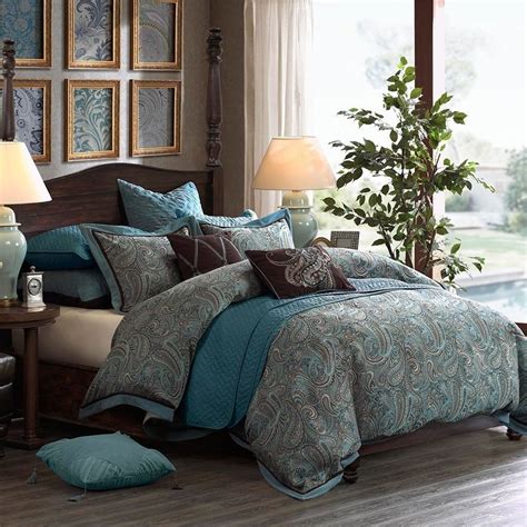 Luxury Blue Brown Jacquard Paisley Comforter Set AND Decorative