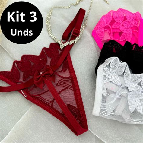Kit Calcinhas Tanga Fio Dental Sexy Lingerie em De Tule Laço