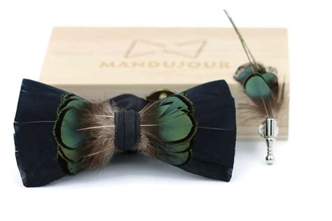 Green On Black Feather Bow Tie And Lapel Pin Set Mandujour