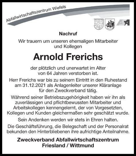 Traueranzeigen Von Arnold Frerichs Nordwest Trauer De