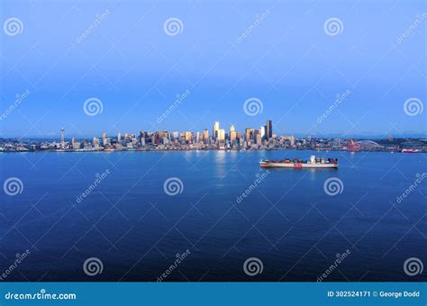 seattle waterfront skyline  sunset  december editorial photo
