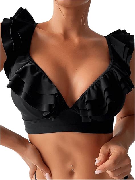 Amazon WDIRARA Women S Bathing Suits Deep V Neck Ruffle Trim Sleeveless Bikini Top