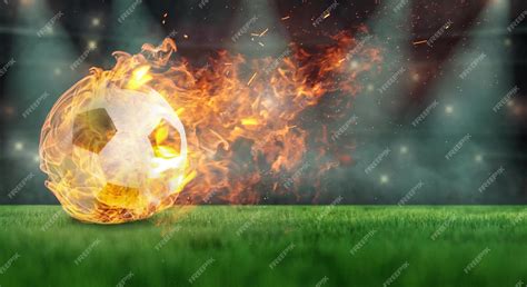 Спортивные фоны футбольный стадион с горящим мячом | Премиум Фото