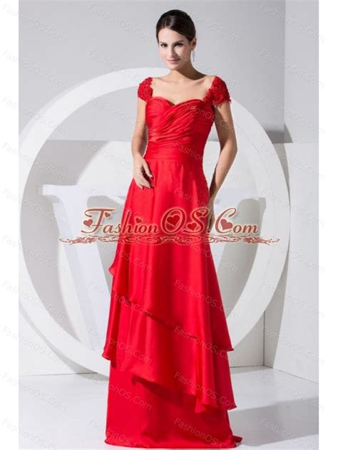 Beading And Ruch Decorate Bodice Red Column Brush Train Prom Dress For