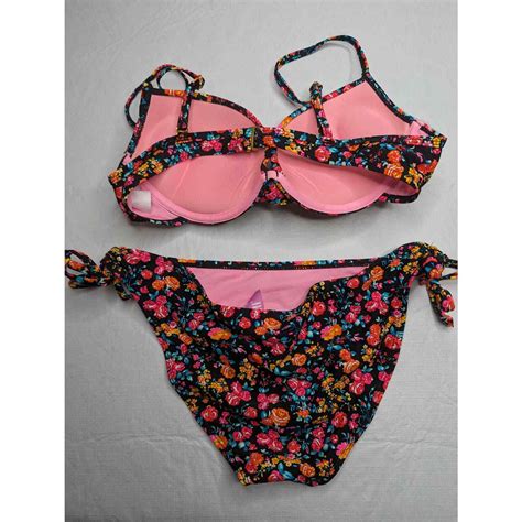 YMI Womens Sz L Bikini Swimsuit Set Black Colorful Floral Padded Top