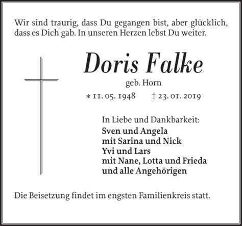 Traueranzeigen Von Doris Falke Sh Z Trauer