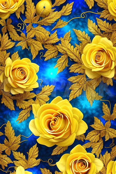 Yellow Roses and Blue Leaves · Creative Fabrica