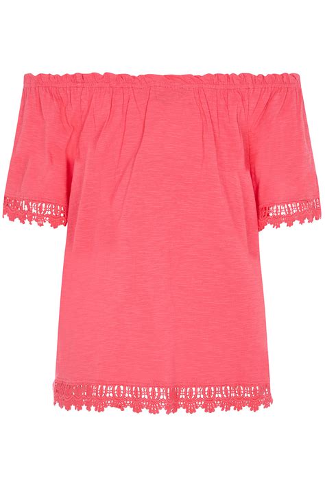 Short Sleeve Jersey Bardot Top With Lace Trim Bonmarché