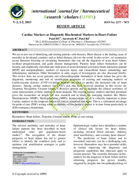 (PDF) Cardiac Markers as Diagnostic Biochemical Markers in Heart Failure