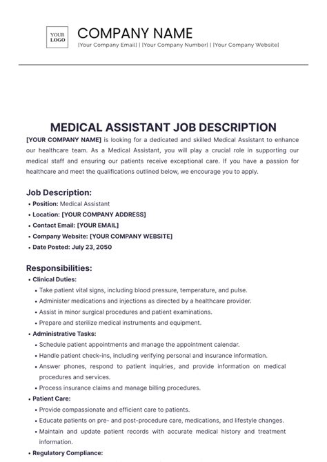 Free Medical Assistant Job Description Template Edit Online