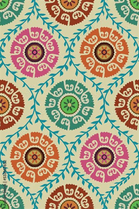 A Colorful Pattern With Many Different Colors And Designs On The Fabric