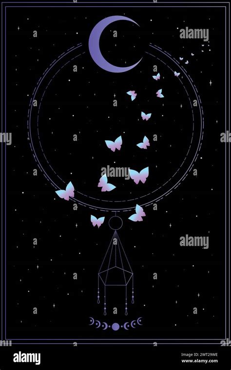 Celestial background with purple butterflies, stars and crescent moon. Vector illustration Stock ...