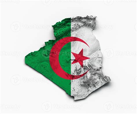 Algeria Map Flag Shaded relief Color Height map on white Background 3d