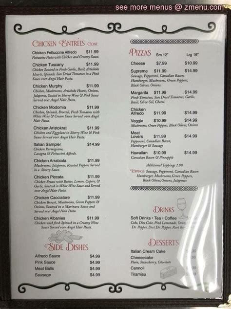 Menu at Romano's Italian Bistro pizzeria, Jasper