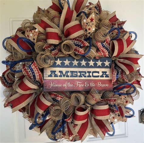 Patriotic Flag Americana Poly Burlap Flower Wreath 4th July Wreath