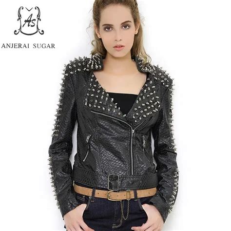 Pu Leather Jacket Women Coat Faux Leather Black Short Slim Rivet Zipper Motorcycle Turn Down