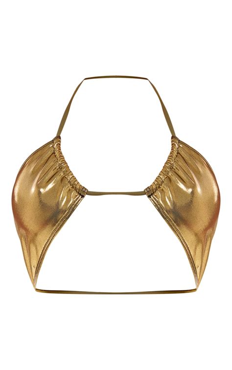 Dark Gold Metallic Halterneck Multiway Bikini Top Swimwear Plt Qa