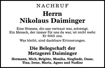 Traueranzeigen Von Nikolaus Daiminger Mittelbayerische Trauer