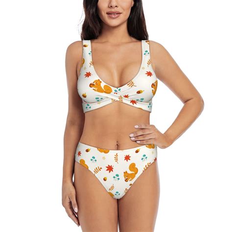 Rocae Squirrel Maple Leaves And Nuts For Bikini Set For Women Two Piece Sexy High Swimsuits