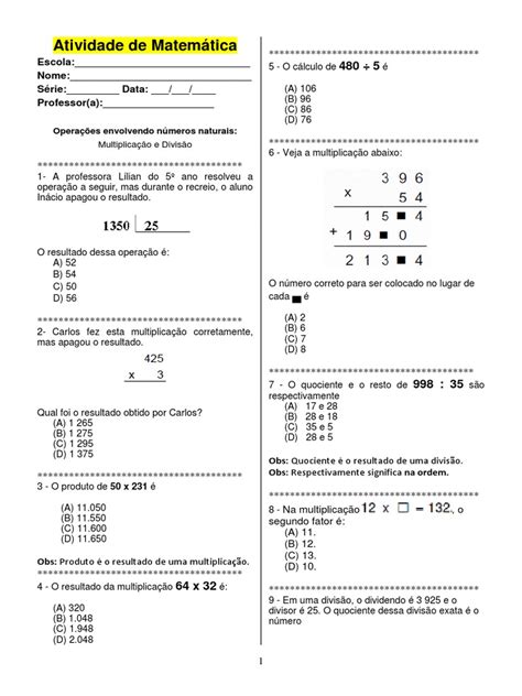 Atividades De Matemática 5o Ano Multiplicação E Divisão Pdf - Atividades de Multiplicação e Divisão 5º Ano | PDF | Divisão ...