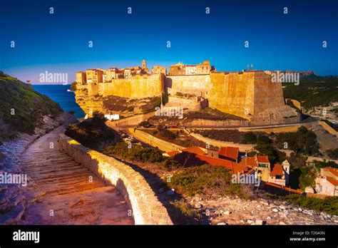 View Of Bonifacio Old Town Built On Top Of Cliff Rocks Corsica Island