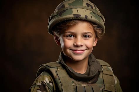 Premium Ai Image Portrait Of A Cute Little Boy In Military Uniform On