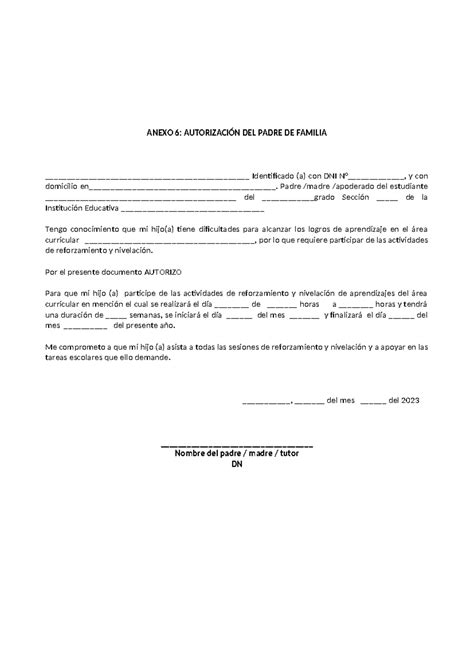 Ficha De Autorizacion Del Padre Para Retroalimentacion Anexo