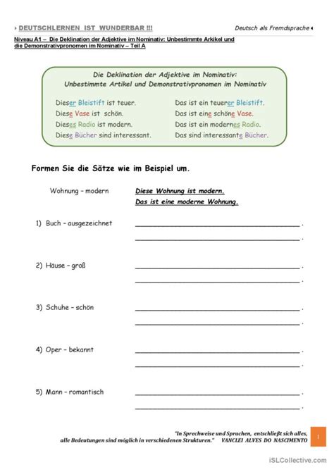 A1 Die Deklination Der Adjektive I English Esl Worksheets Pdf And Doc