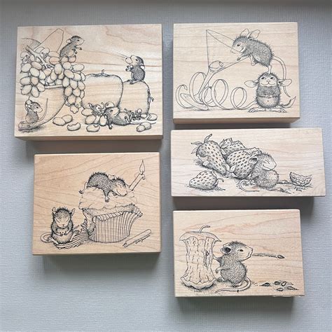 Vintage Rubber Stamps Retired Rare House Mouse Apples Strawberries