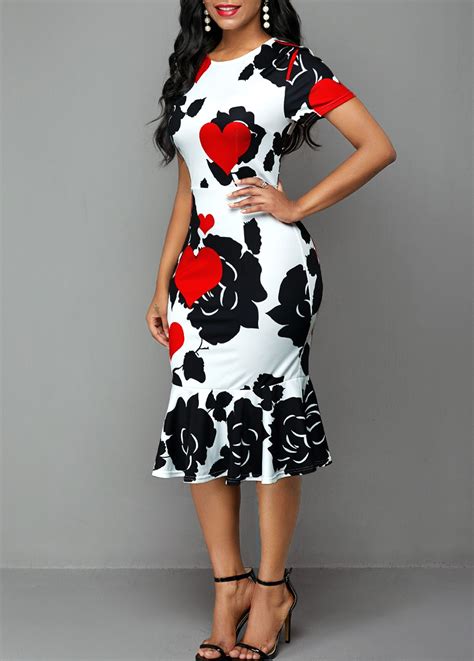 Short Sleeve Rose And Heart Print Dress Usd 3079