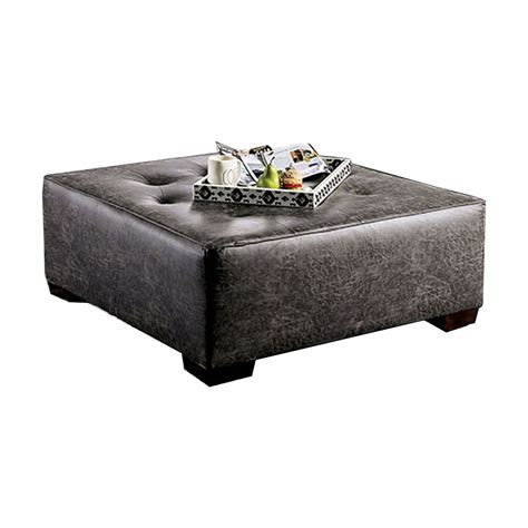 Button Tufted Leatherette Wooden Ottoman with Block Legs, Gray ...