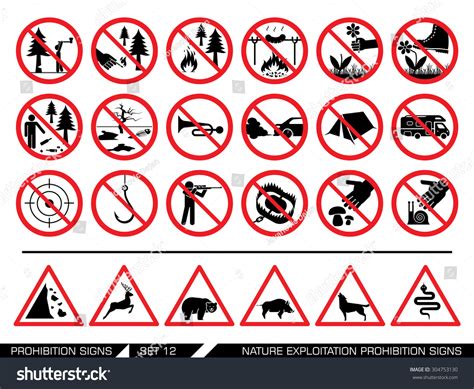 Set Nature Exploitation Signs Collection Prohibition Stock Vector