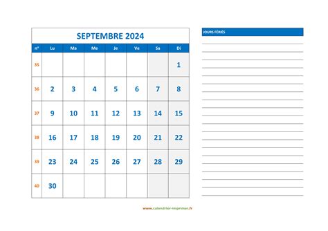 Calendrier Septembre Imprimer