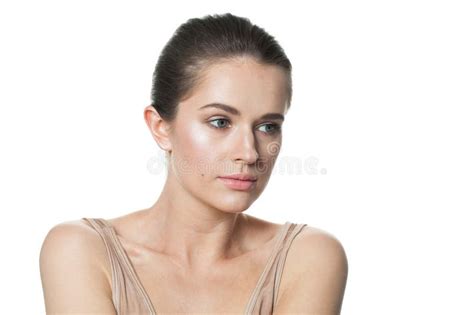 Isolated Lady Brunette Portrait Wellness Model Woman With Healthy Skin Posing On White Studio
