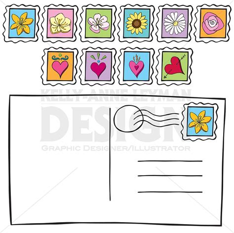 Doodle Postcard Postage Stamp Clipart, Hand drawn Flowers and Hearts ...