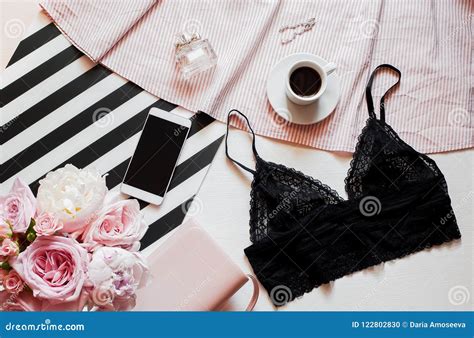 Flat Lay Top View Black Lace Lingerie Beauty Blog Concept Bouquet Of Roses And Pions Coffee