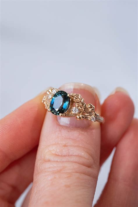 Natural Teal Sapphire Engagement Ring With Diamonds Gold Oak Etsy