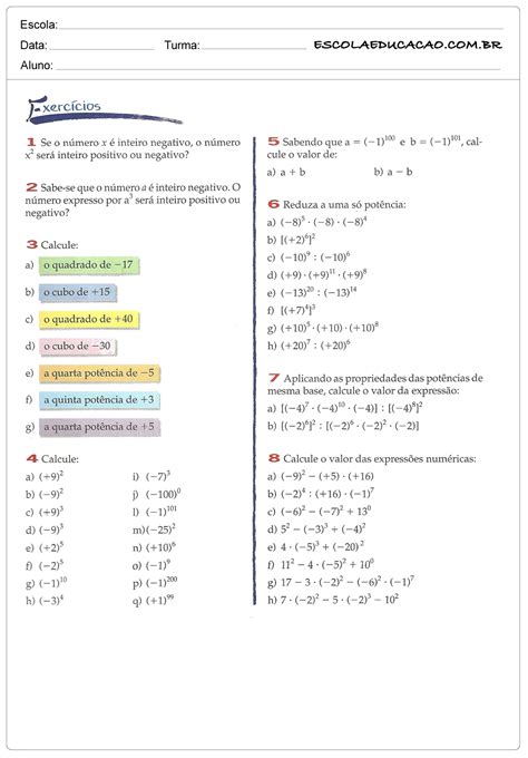 Numeros Inteiros 7 Ano Exercicios