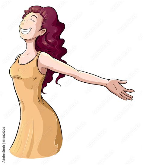 Mujer Feliz En Vestido Con Brazos Abiertos Disfrutando La Vida Stock