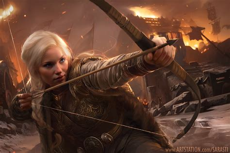 Blonde Fantasy Girl Women With Weapons Bow And Arrow Fantasy Armor Aiming Fantasy Art Red