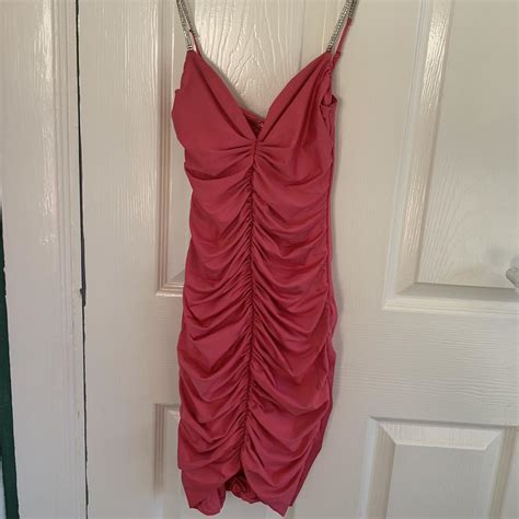 Oh polly hot pink ruched dress with diamanté Depop