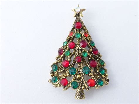 Hollycraft Christmas Tree Brooch Red And Green Rhinestones An52 By