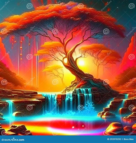 Fantasy Landscape With A Tree And A Waterfall 3d Illustration Generative Ai Stock Illustration